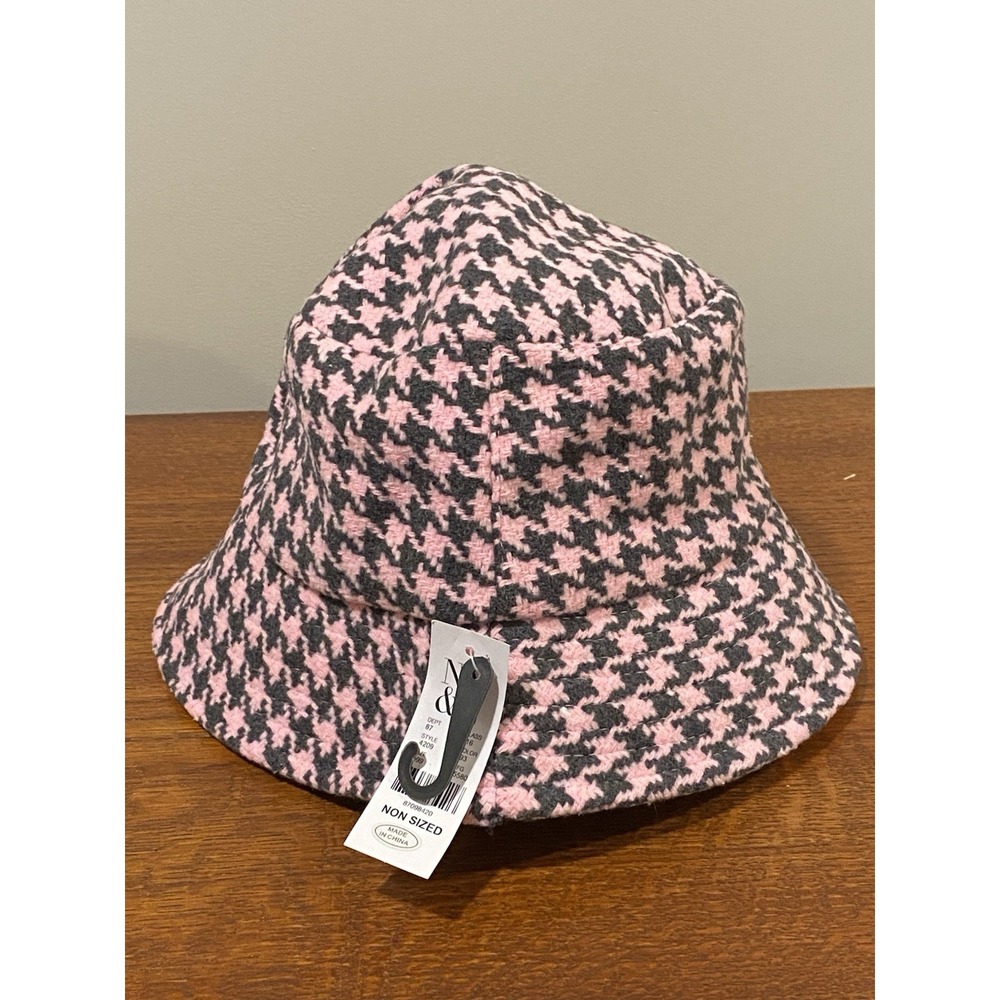 New York and Company Women's Black and Pink Houndstooth Bucket Hat OS NWT
